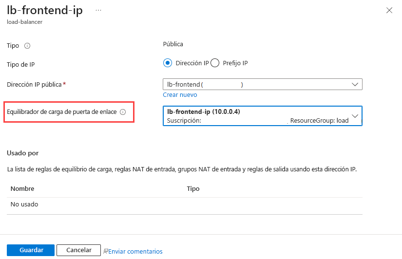 Captura de pantalla para agregar el equilibrador de carga de puerta de enlace a la dirección IP de front-end.