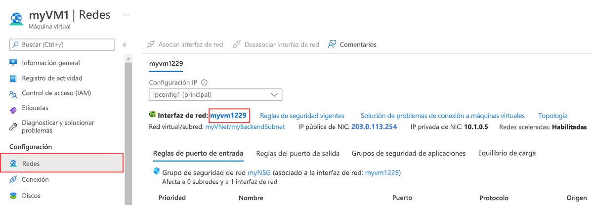 Captura de pantalla de información general de la conexión de red de máquinas virtuales.