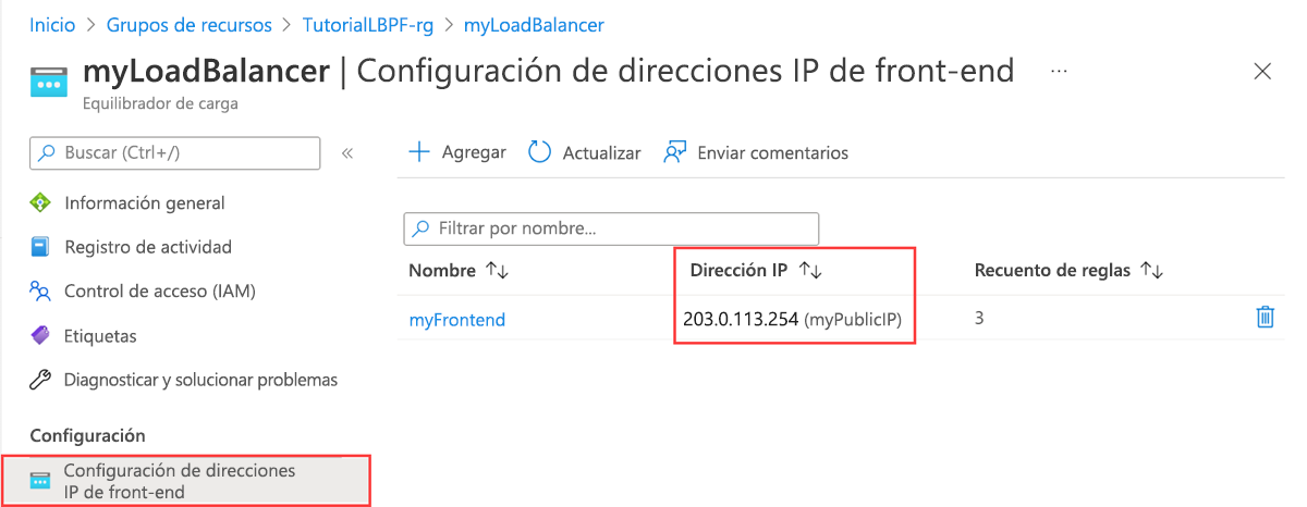 Captura de pantalla de la dirección IP pública en Azure Portal.