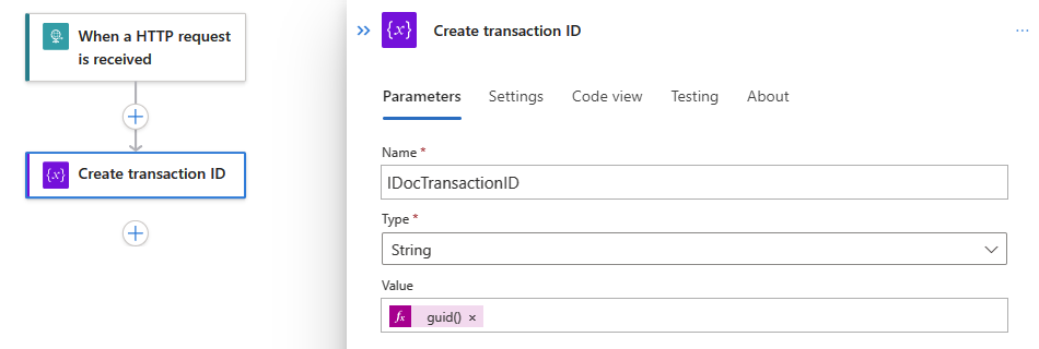 Captura de pantalla que muestra el flujo de trabajo con la acción denominada Crear id. de transacción.