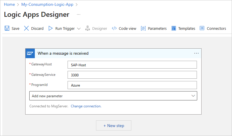 Captura de pantalla que muestra básicamente configurado el desencadenador del conector administrado por SAP en el flujo de trabajo de consumo.