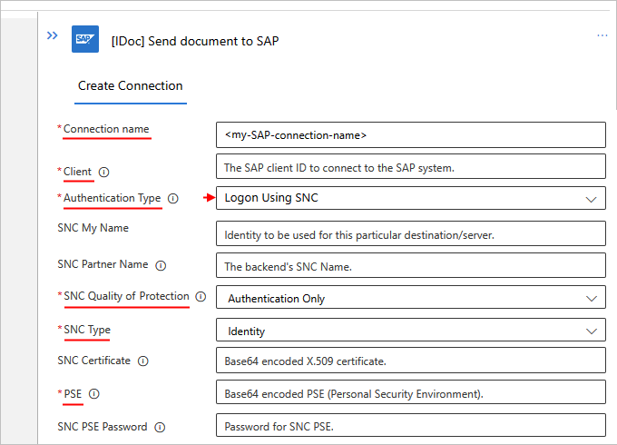 Captura de pantalla que muestra los parámetros de conexión integrada de SAP con SNC habilitado para flujos de trabajo estándar.