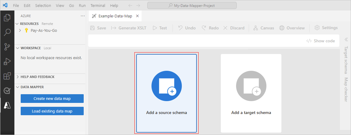 Screenshot showing Visual Studio Code with Data Mapper open, new data map, and selected option for Add a source schema.