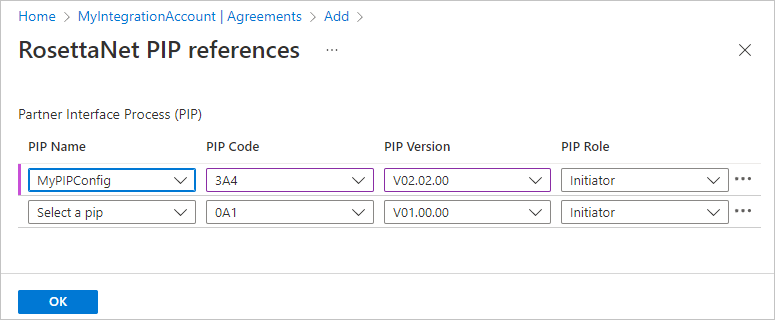 Captura de pantalla que muestra una tabla con información de PIP. La fila del PIP denominado MyPIPConfig muestra información precisa.