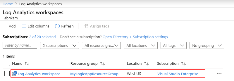 Selección del área de trabajo de Log Analytics