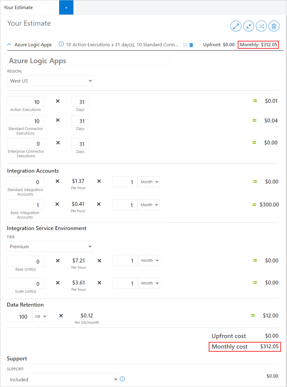 Ejemplo que muestra el costo estimado en la calculadora de precios de Azure