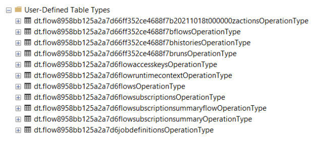 Captura de pantalla que muestra los tipos de tabla de SQL definidos por el usuario creados por el entorno de ejecución de Azure Logic Apps de inquilino único.