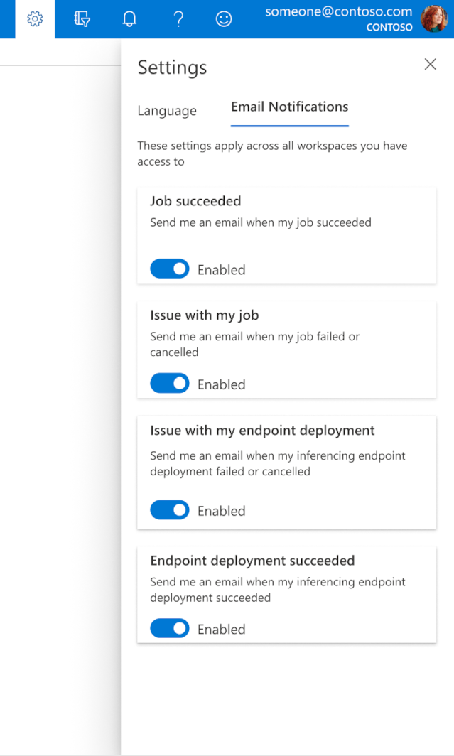 Captura de pantalla de la configuración del estudio de Azure ML en la pestaña de notificaciones por correo electrónico.