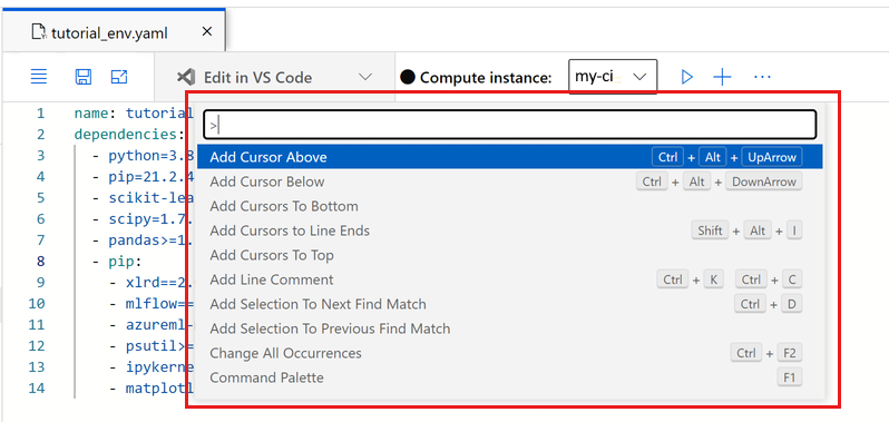 La captura de pantalla muestra la paleta de comandos en el editor de archivos.