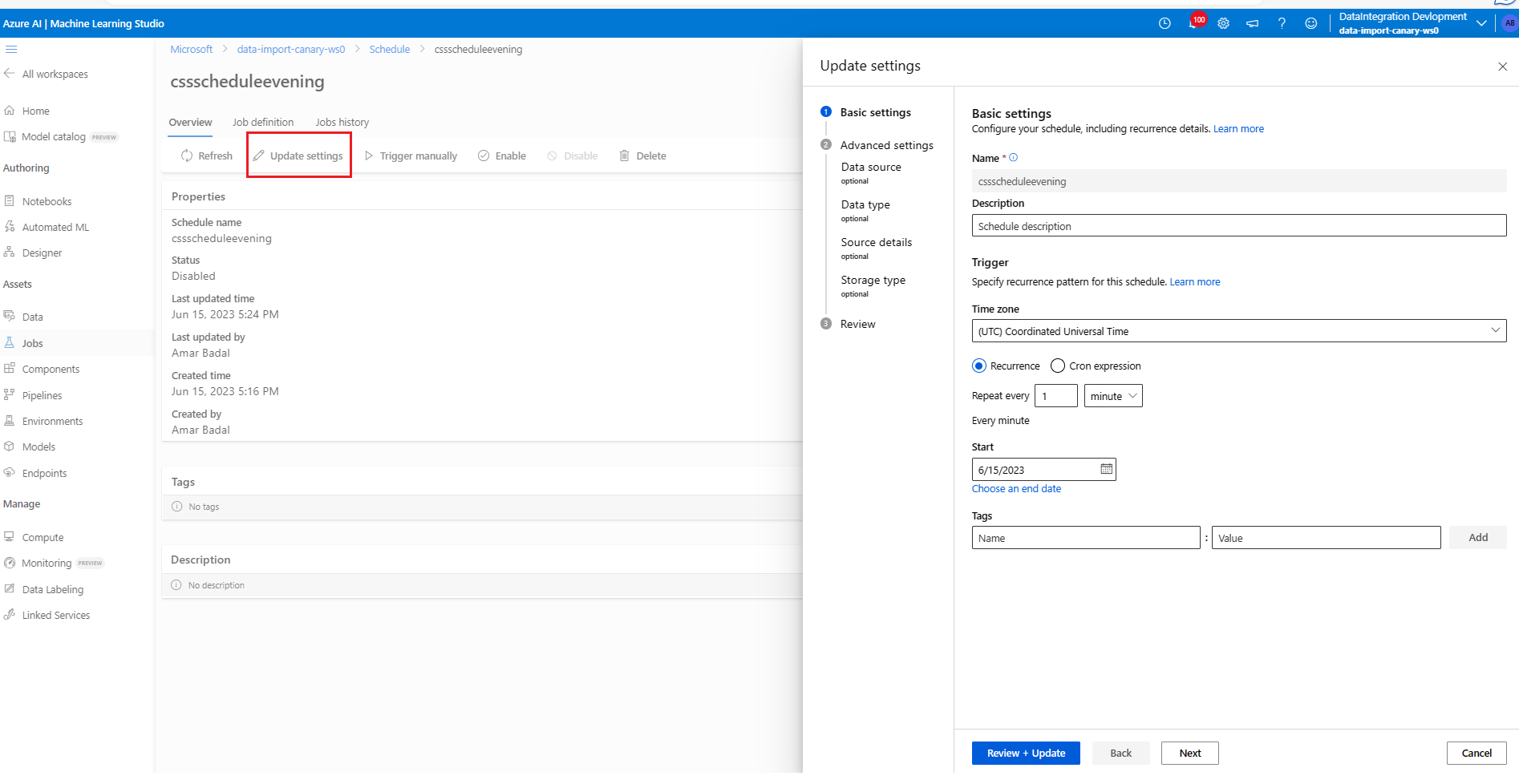 Captura de pantalla de la configuración de actualización que muestra la pestaña de configuración básica.