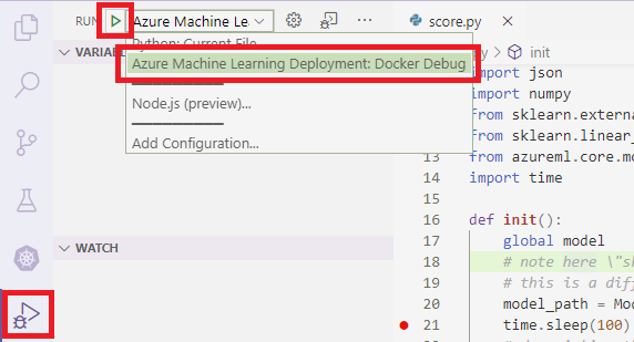 El icono de depuración, el botón de inicio de la depuración y el selector de configuración