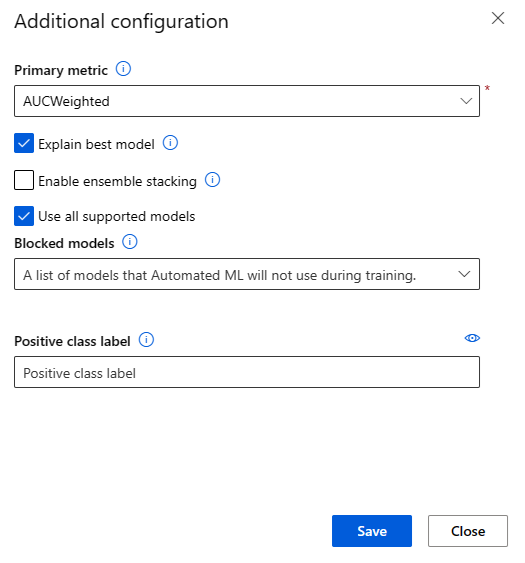 Captura de pantalla en la que se muestra la página de configuración del trabajo de AutoML con la opción Explicación del mejor modelo seleccionada.