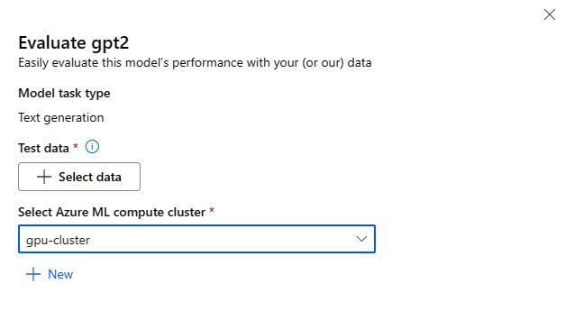 Captura de pantalla que muestra el formulario de evaluación de configuración después de que el usuario seleccione el botón Evaluar en una tarjeta de modelo para un modelo de base.