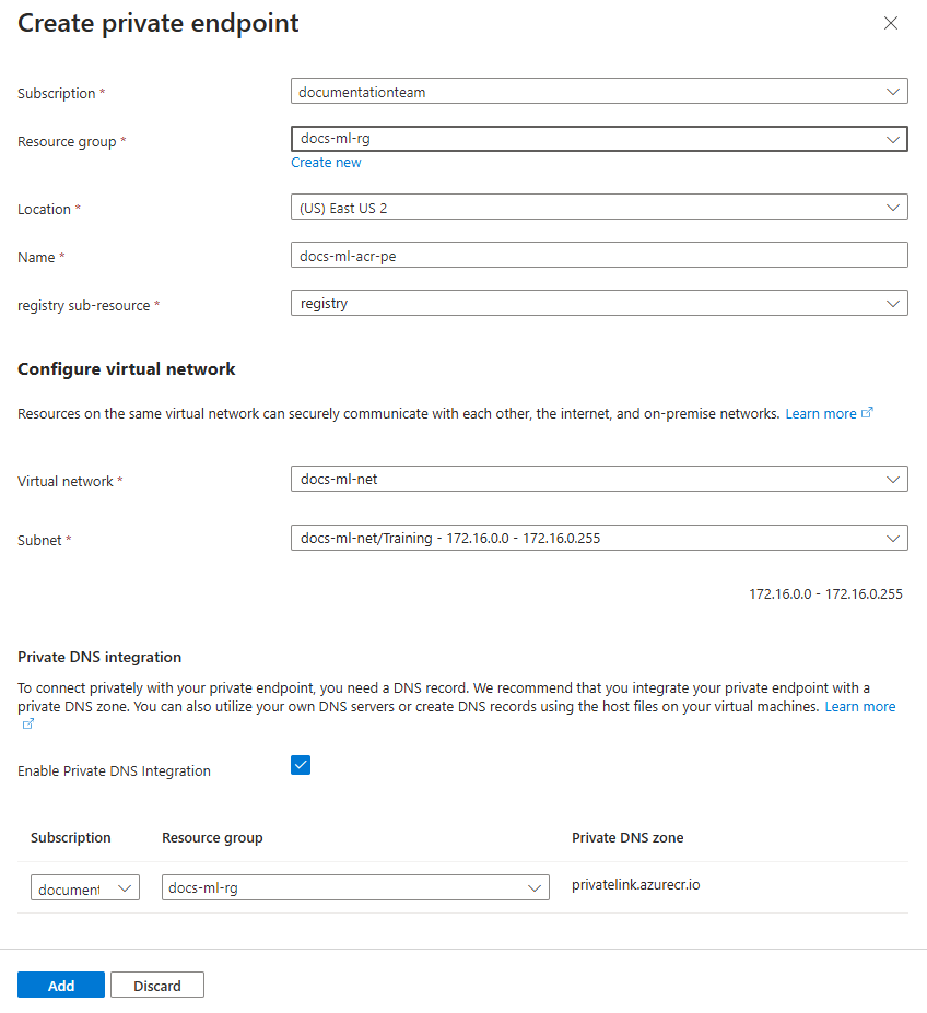 Captura de pantalla del formulario de configuración para el punto de conexión privado del registro de contenedor.