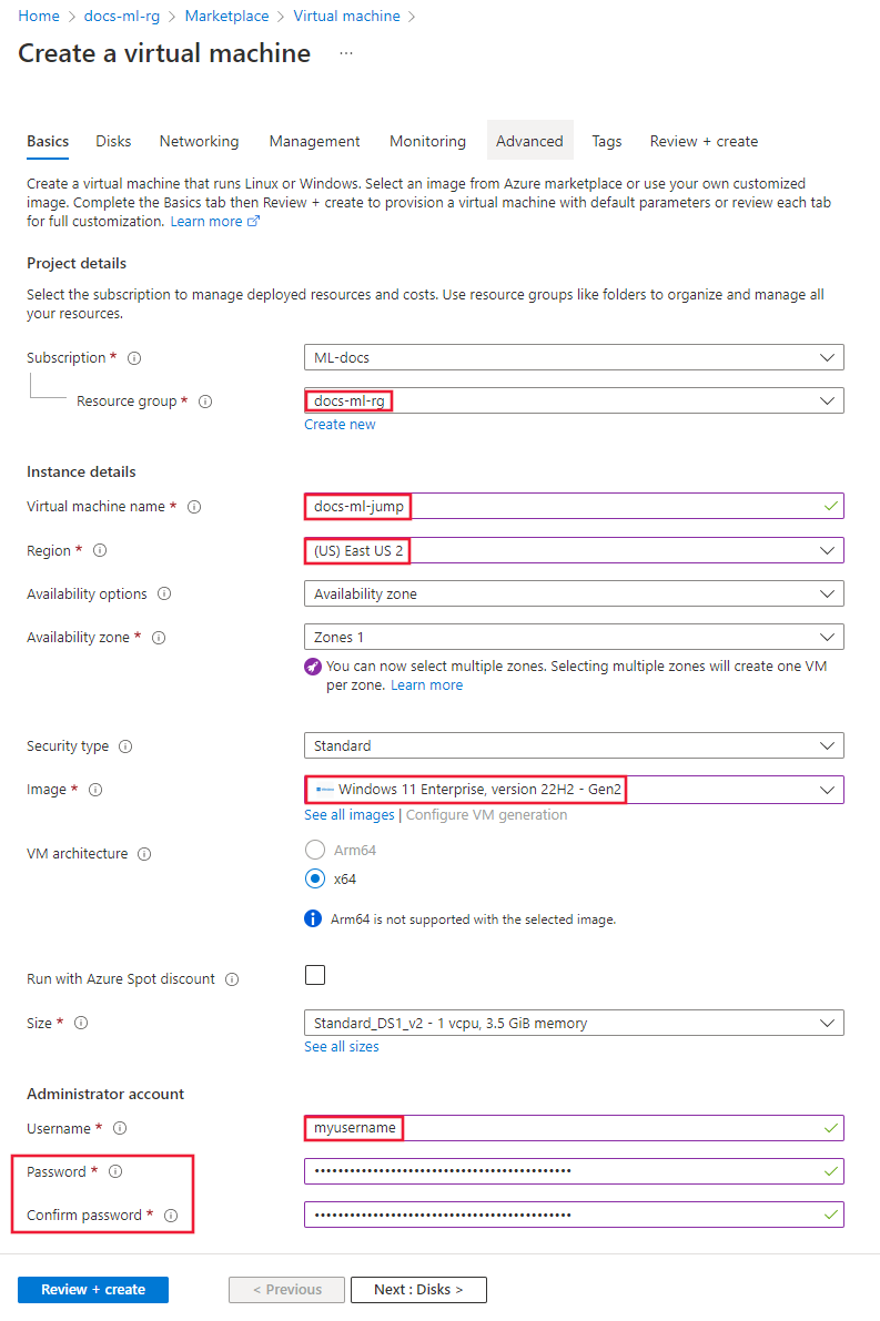 Captura de pantalla de la configuración básica de la máquina virtual.