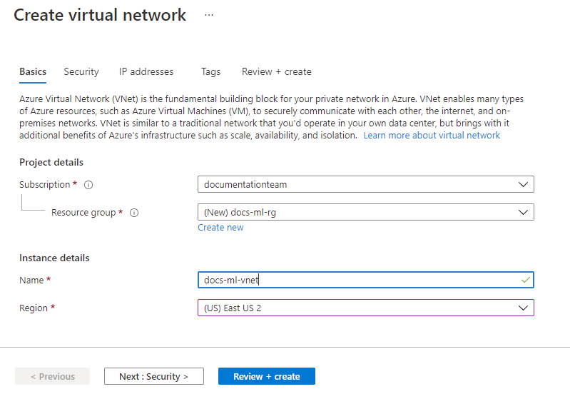 Captura de pantalla del formulario de configuración de red virtual.