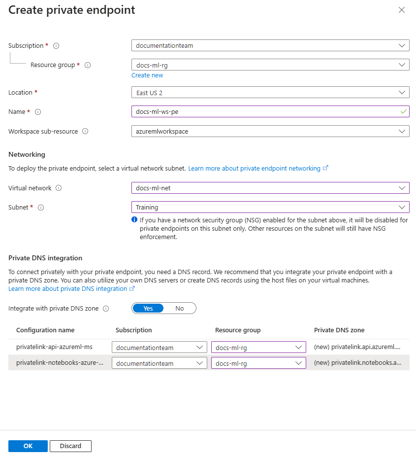 Captura de pantalla del formulario de configuración de la red privada del área de trabajo.