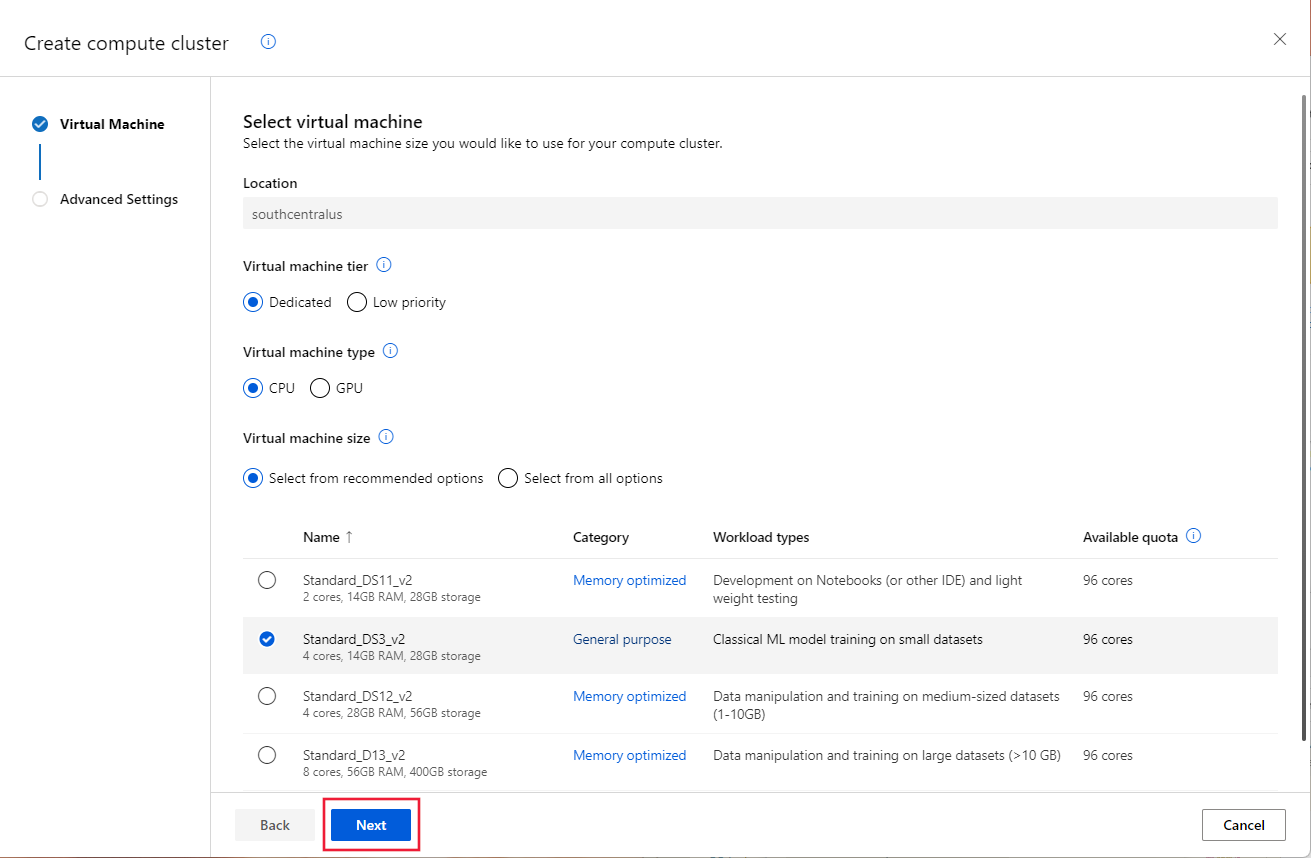 Captura de pantalla de la configuración de máquina virtual del clúster de proceso.