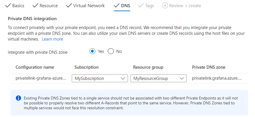 Captura de pantalla de Azure Portal donde se rellena la pestaña DNS.