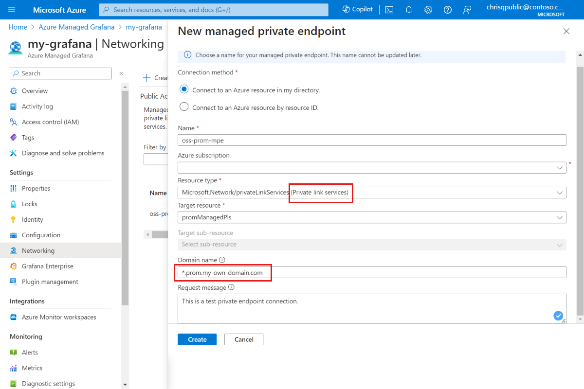 Captura de pantalla de la plataforma Azure en la que se muestra la información de Prometheus especificada para el nuevo punto de conexión privado administrado.