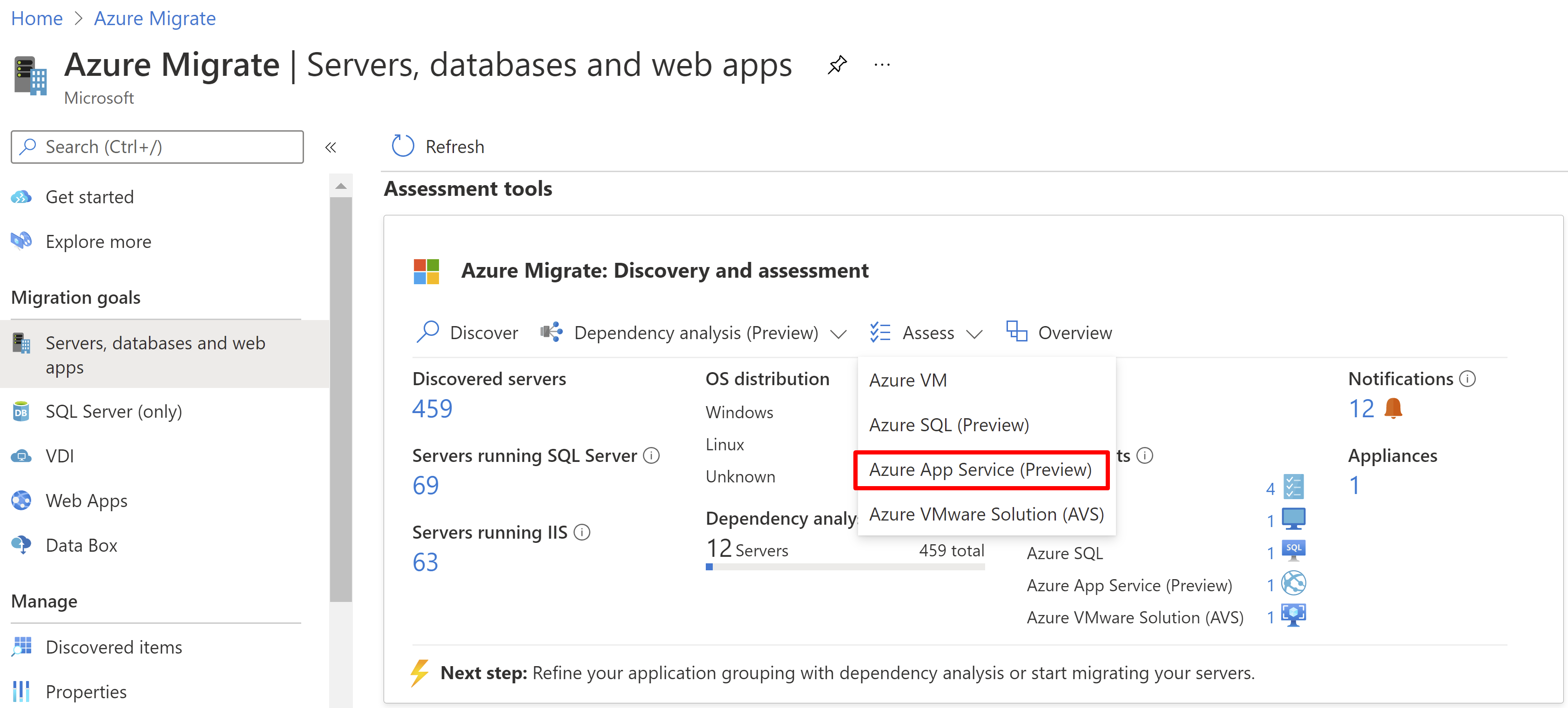 Lista desplegable en la que se puede elegir el tipo de valoración Azure App Service