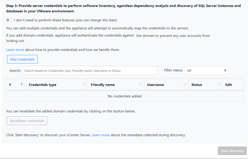 Captura de pantalla que muestra cómo proporcionar credenciales para el inventario de software, el análisis de dependencias y la detección de s q l server.