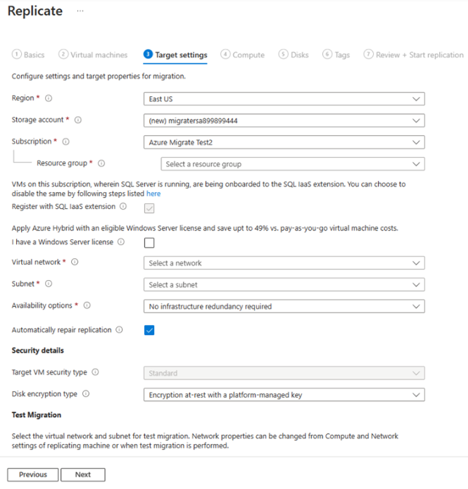 Captura de pantalla en la que se muestra el panel Configuración de destino.