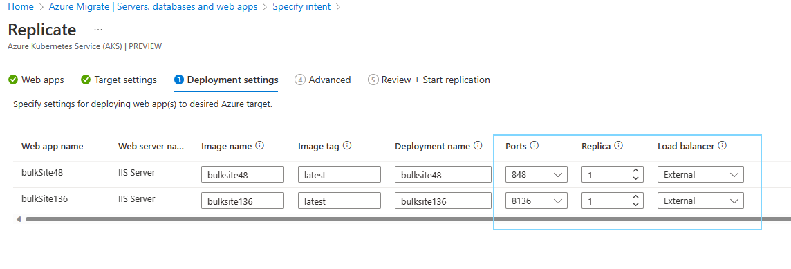 Captura de pantalla de la pestaña Configurar implementación en la pestaña Replicar.