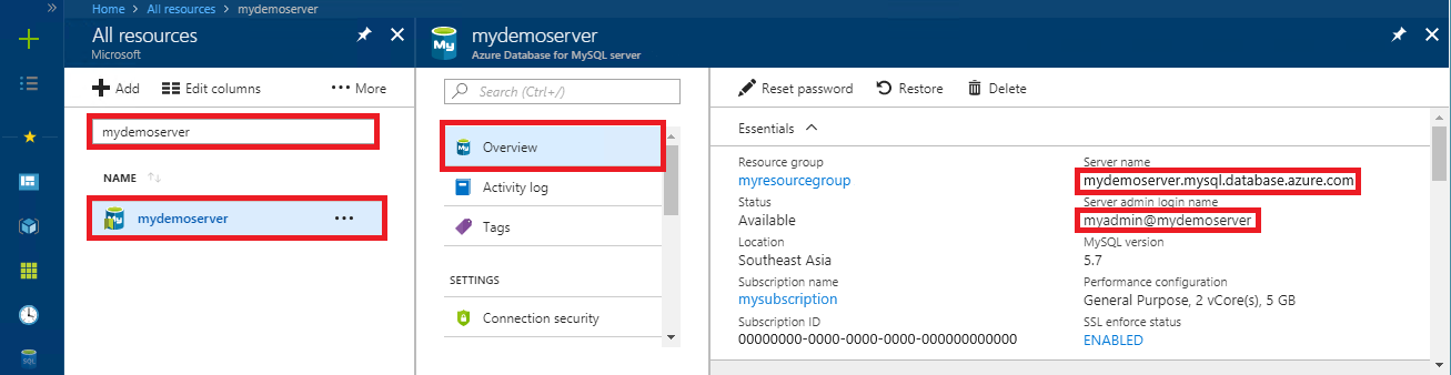 Captura de pantalla de la información de conexión de la instancia de servidor flexible de Azure Database for MySQL en Azure portal.