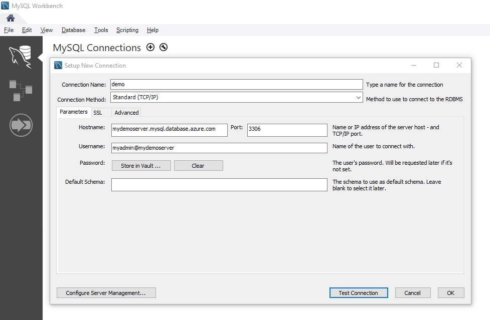 Captura de pantalla de la cadena de conexión de MySQL Workbench.