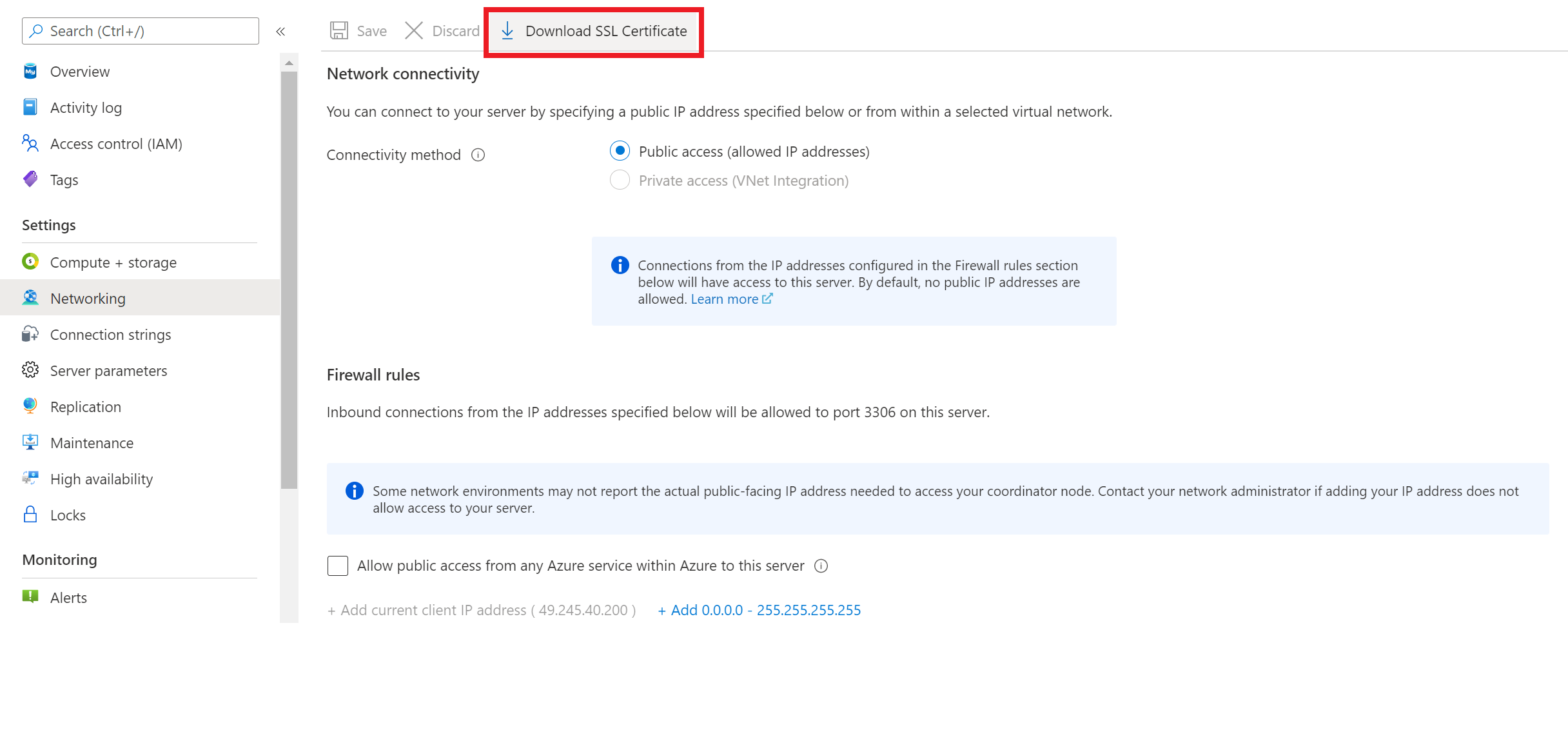 Captura de pantalla que muestra cómo descargar un certificado SSL público de Azure Portal.