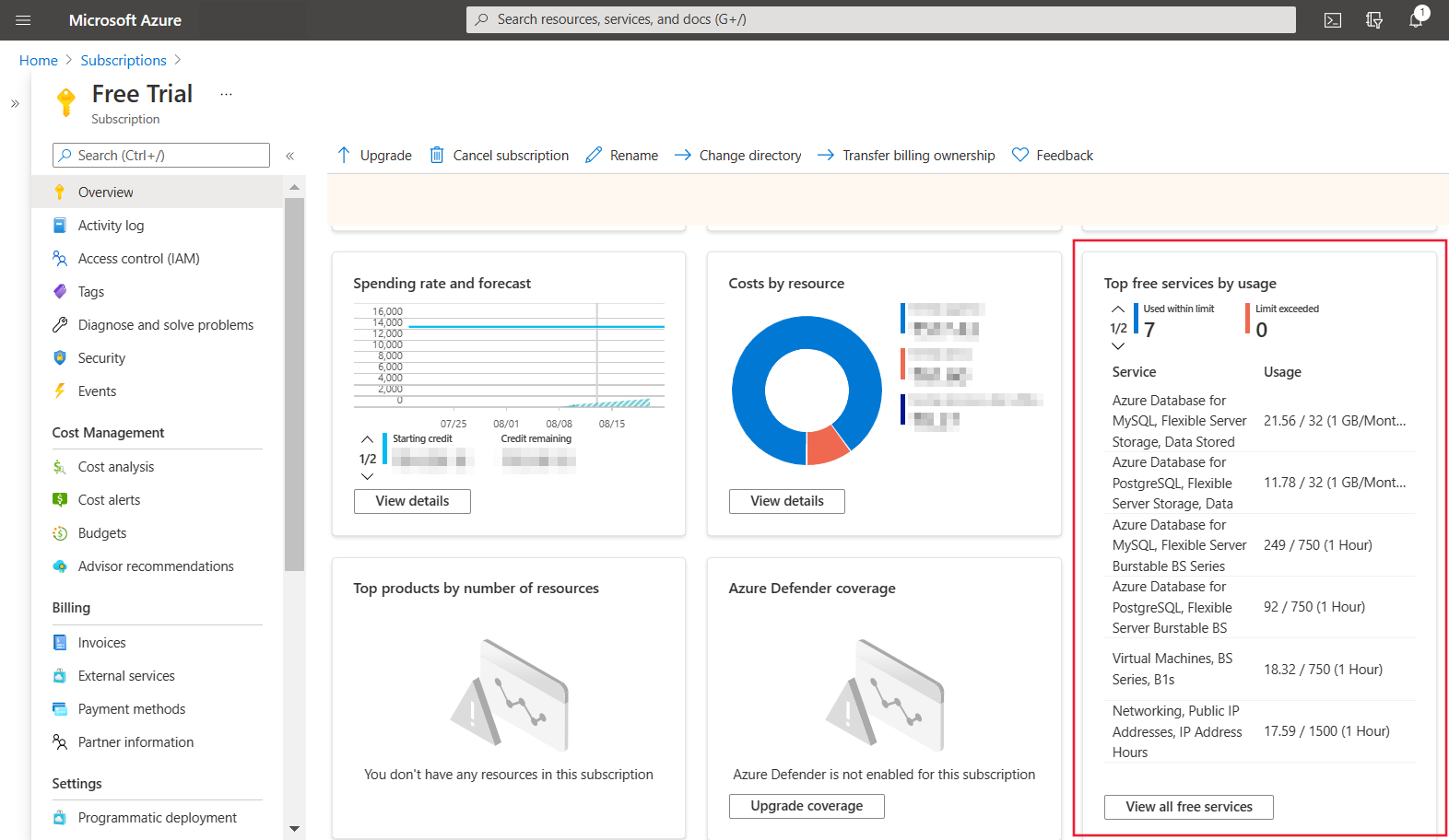 Captura de pantalla que muestra la página de información general de la suscripción de evaluación gratuita con la opción de ver todos los servicios gratuitos resaltada.