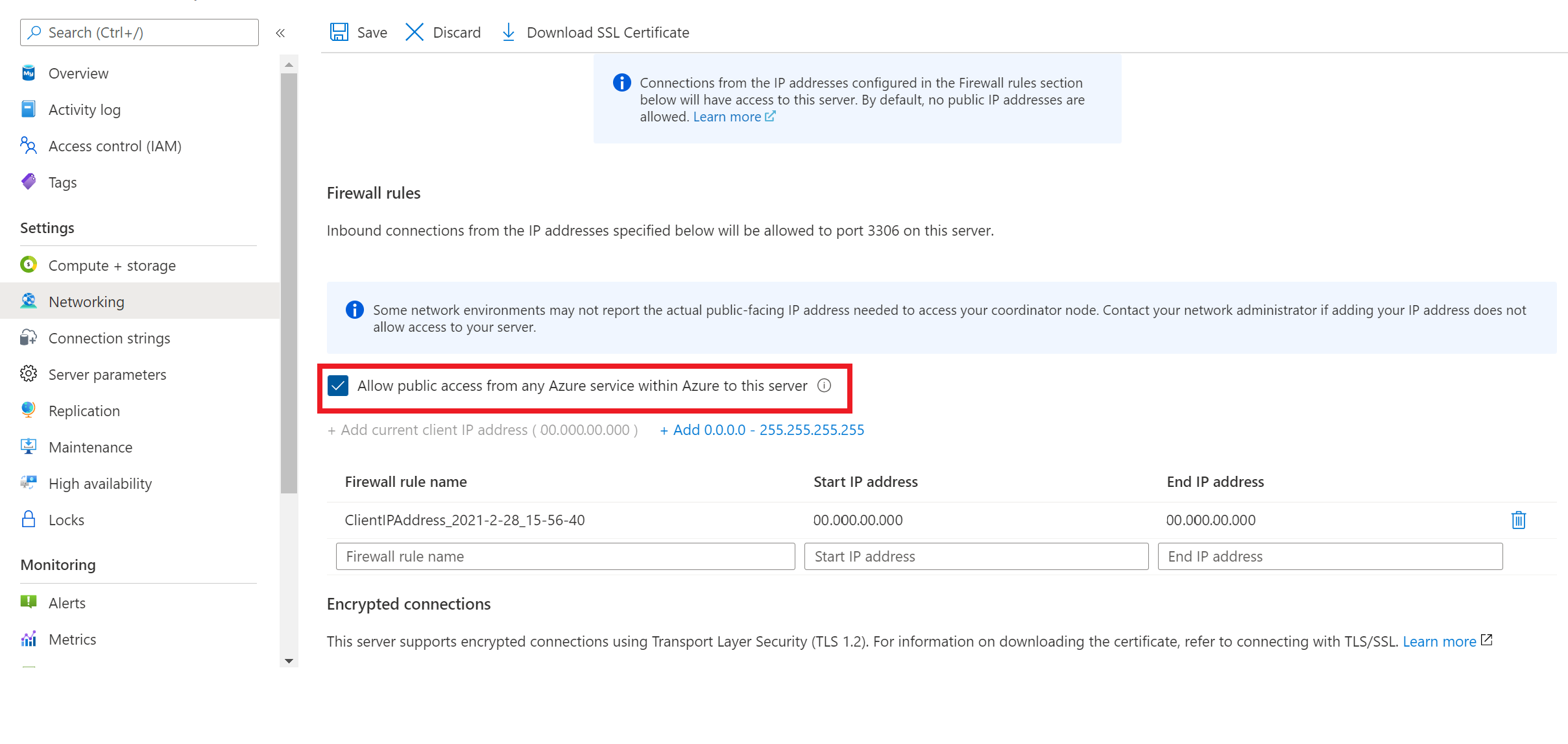 Recorte de pantalla que muestra cómo conceder el acceso de Azure Cloud Shell a un servidor flexible de Azure Database for MySQL para la configuración de la red de acceso público.