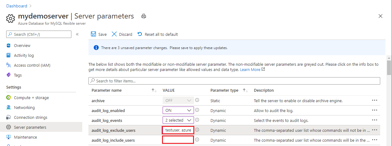 Captura de pantalla que muestra los nombres de usuario de MySQL que se incluirán o excluirán del registro.