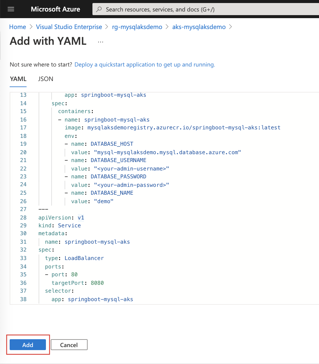 Captura de pantalla que muestra Agregar con el editor de YAML.