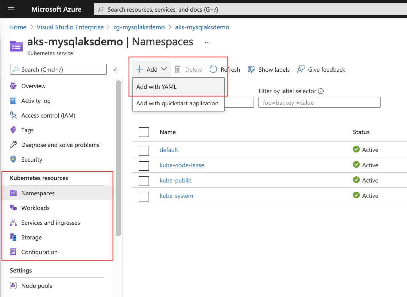 Captura de pantalla que muestra la vista de recursos de Azure Kubernetes Service en Azure Portal.