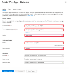 Captura de pantalla que muestra cómo configurar una aplicación y base de datos nuevas en el asistente Crear aplicación web + base de datos