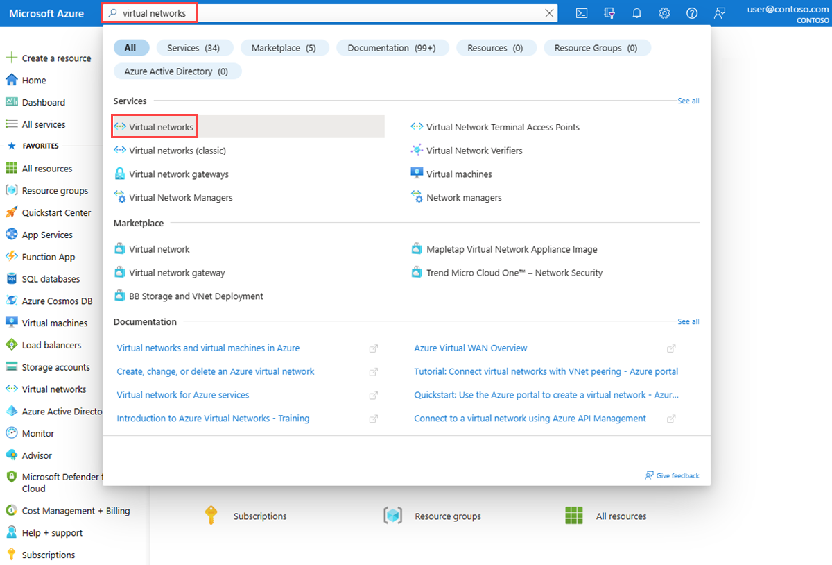 Captura de pantalla que muestra la búsqueda de redes virtuales en Azure Portal