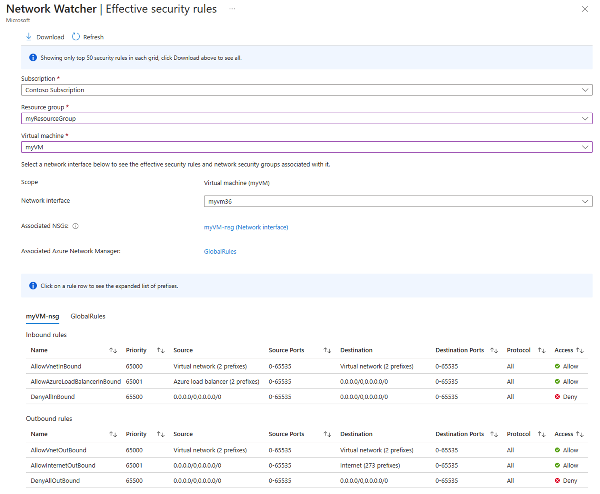 Captura de pantalla de las reglas de seguridad efectivas de Azure Network Watcher en Azure Portal.