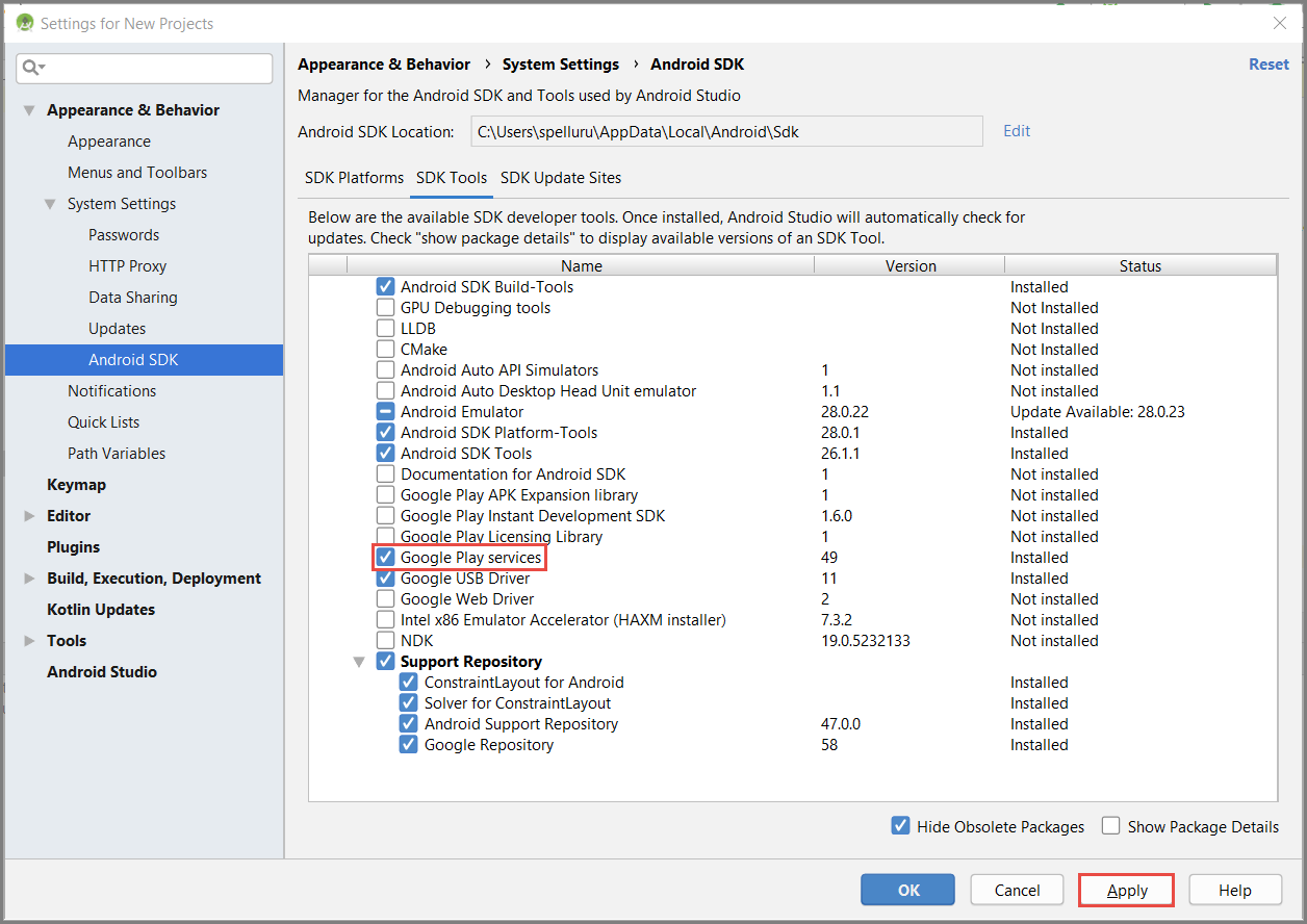 Android SDK Manager: Google Play Services seleccionado