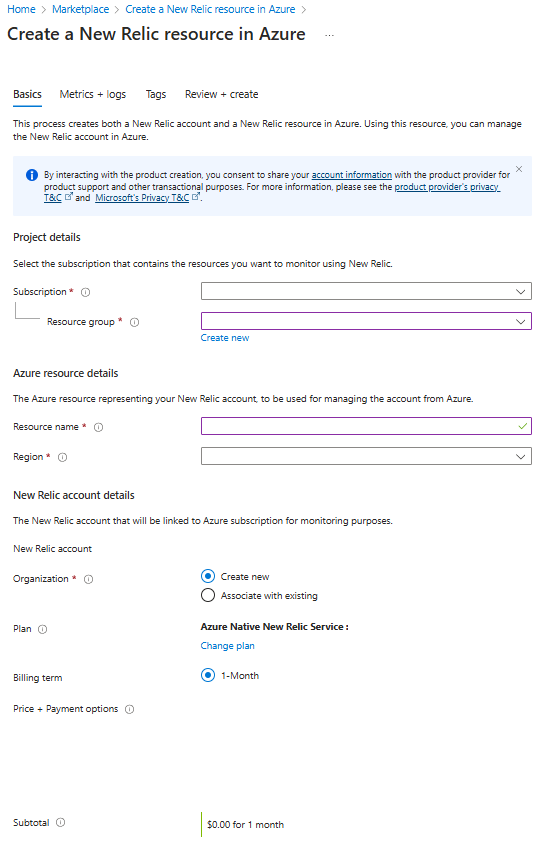 Captura de pantalla del panel de trabajo Crear un recurso de New Relic en las opciones de Azure dentro del panel de trabajo de Azure Portal con la pestaña Aspectos básicos que se muestra.