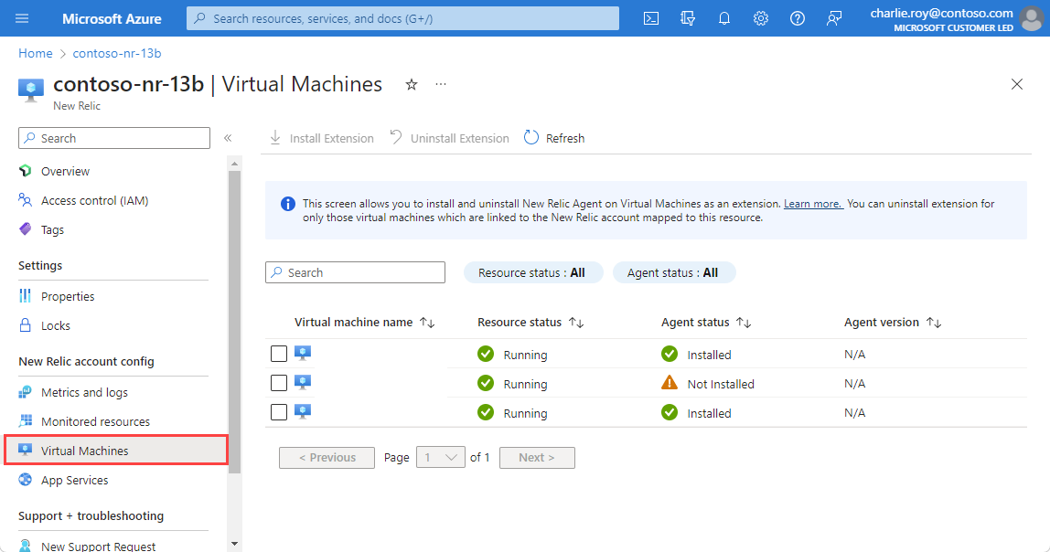 Captura de pantalla que muestra máquinas virtuales para un recurso de New Relic.