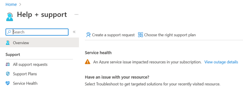 Captura de pantalla que muestra notificaciones de Ayuda y soporte técnico en Azure Portal.