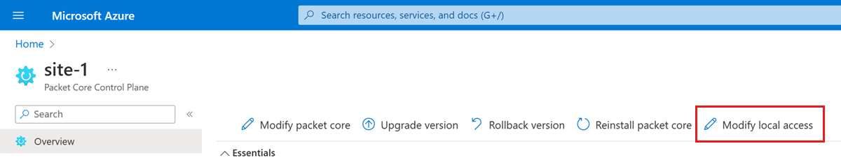 Recorte de pantalla de Azure Portal que muestra la opción Modificar acceso local.