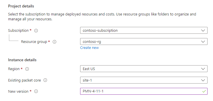 Captura de pantalla de Azure Portal en la que se muestran los campos de configuración para actualizar la plantilla de ARM.