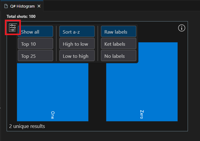 Captura de pantalla de la ventana histograma de Q# en Visual Studio Code en la que se muestra cómo mostrar la configuración.