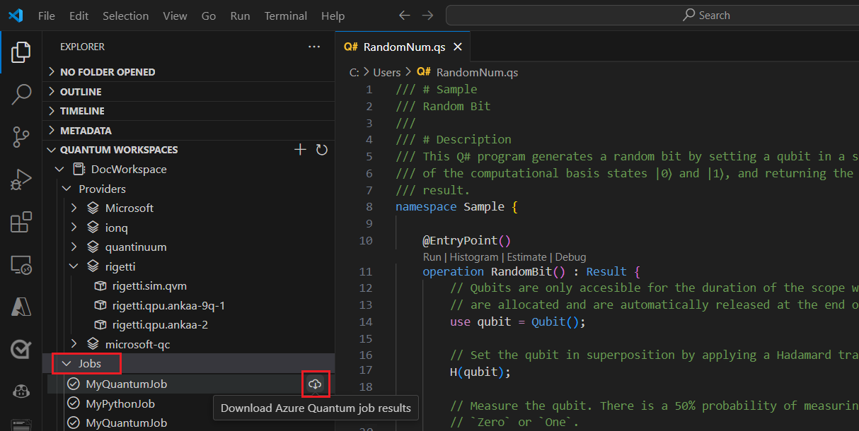 Captura de pantalla de Visual Studio Code en la que se muestra cómo descargar y ver los resultados del trabajo cuántico.