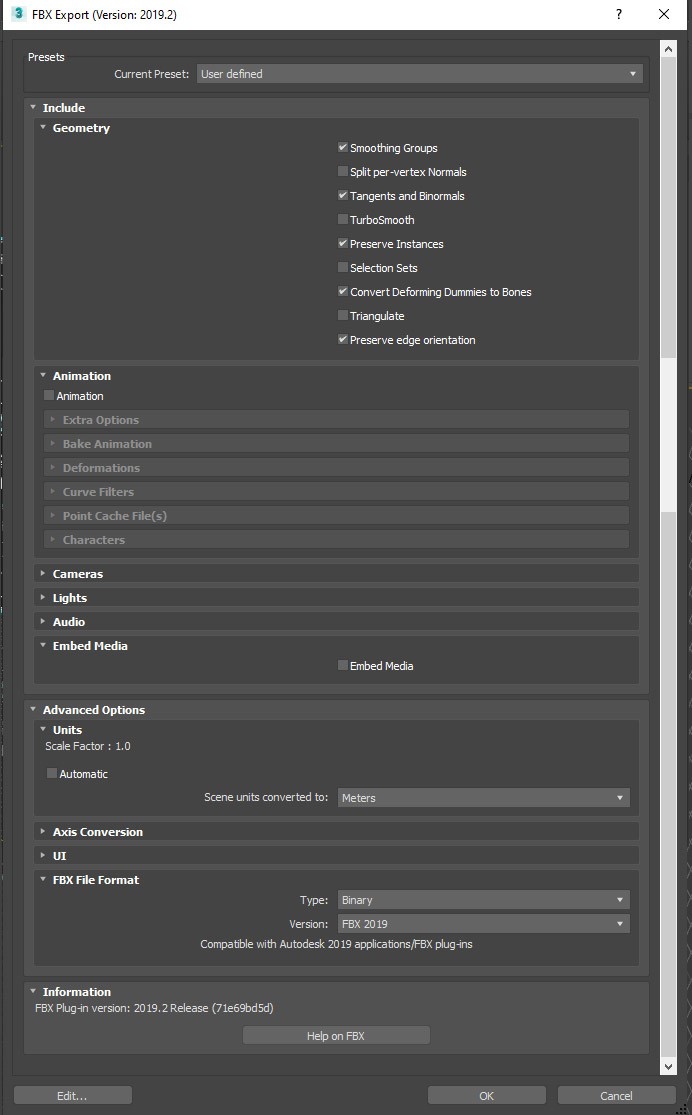 Captura de pantalla que muestra la configuración de exportación de FBX.