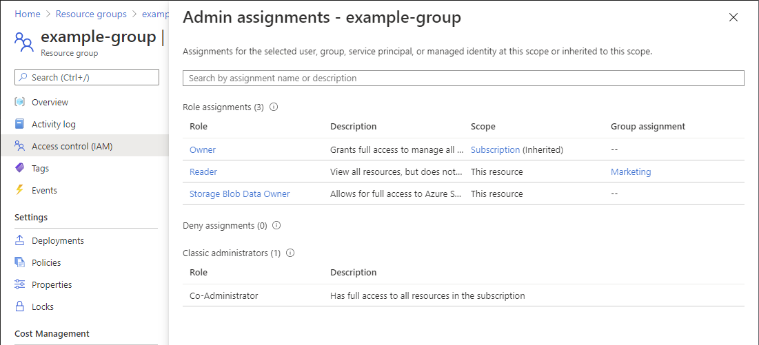 Captura de pantalla del panel de asignaciones de roles y denegaciones.