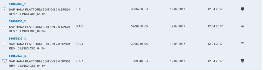 Captura de pantalla de los archivos de instalación de HANA que se deben descargar.